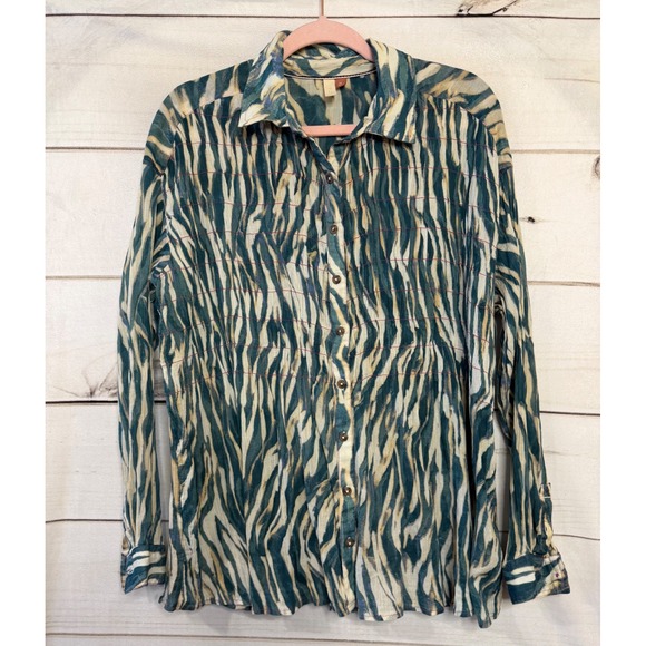 Pilcro and the Letterpress Tops - Pilcro Anthropologie Smocked Animal Print Cotton Button Down Shirt Teal XS